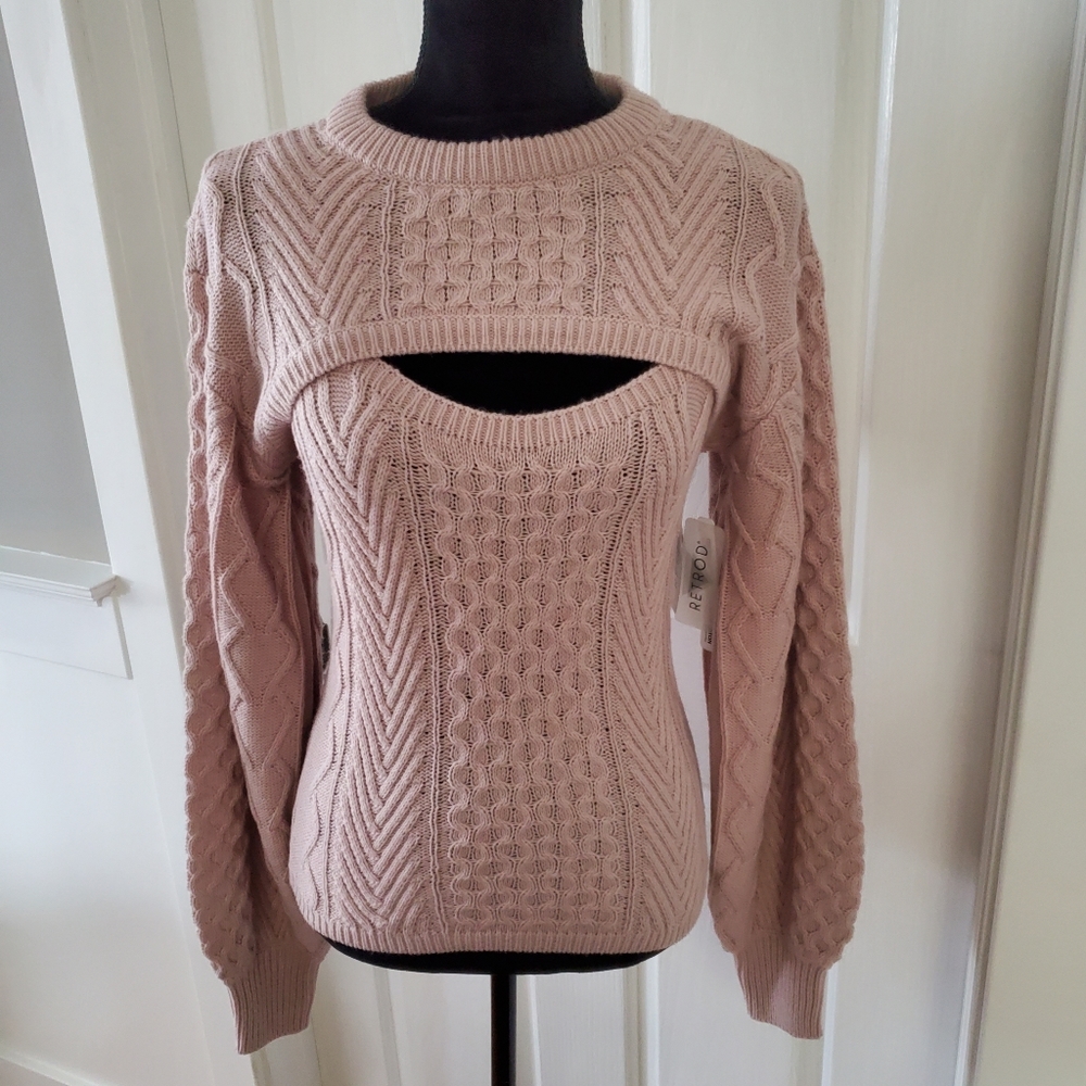 2 pc hollow cutout peekaboo cable knit sweater set blush pink long sleeve tank